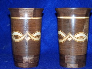 6 inch high walnut glasses with maple and veneers on the bias.