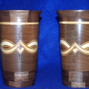 6 inch high walnut glasses with maple and veneers on the bias.