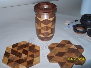 Created form the same triangles both cutting boards and , or creating a blank for the lathe can be achieved.