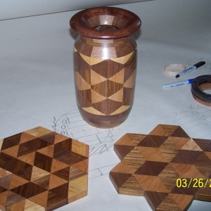 Created form the same triangles both cutting boards and , or creating a blank for the lathe can be achieved.