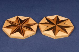 Trivets of unique 1st generation design of Brazilian walnut and cherry bordered with honey locust.