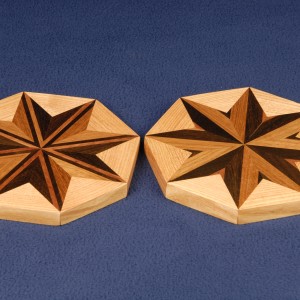 Trivets of unique 1st generation design of Brazilian walnut and cherry bordered with honey locust.
