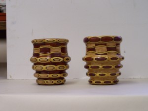 Segmented wood turning, Cherry with purple heart, blood wood and paduk highlights