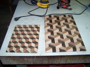 3D tumbling block and trapezoid Brazilian Walnut and Cherry with Ash. These cutting boards weigh approx. 5 pounds each.